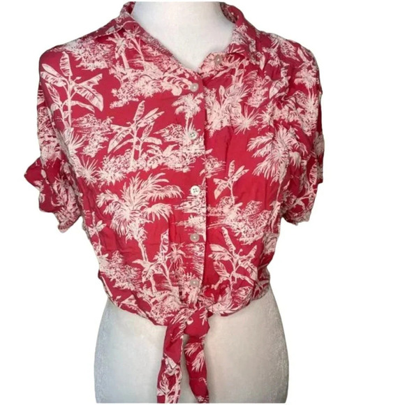 AMERICAN EAGLE Tropical / Hawaiian Print Crop Button Down with tie - size XS - Picture 1 of 4